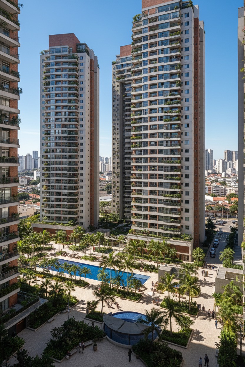 Três altos edifícios residenciais modernos cercados por palmeiras e jardins no térreo, com uma grande piscina retangular entre eles e a paisagem urbana ao fundo.